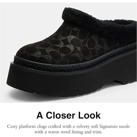 COACH Women's Cecelia Signature Suede Sandals Black Platform Clogs Size 10 NIB