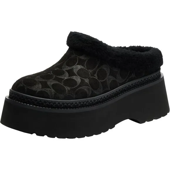 COACH Women's Cecelia Signature Suede Sandals Black Platform Clogs Size 10 NIB
