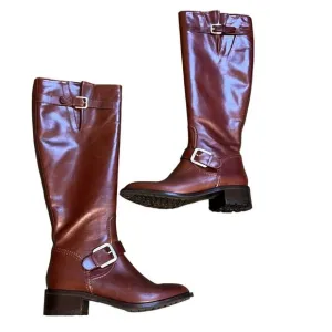 COLE HAAN ALBA COGNAC BROWN LEATHER 18&quot; TALL FULL ZIP RIDING BOOTS SIZE 7.5