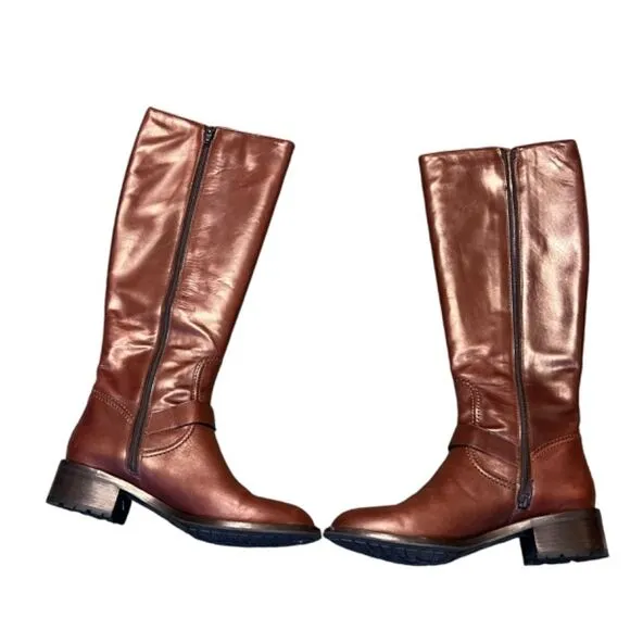 COLE HAAN ALBA COGNAC BROWN LEATHER 18&quot; TALL FULL ZIP RIDING BOOTS SIZE 7.5