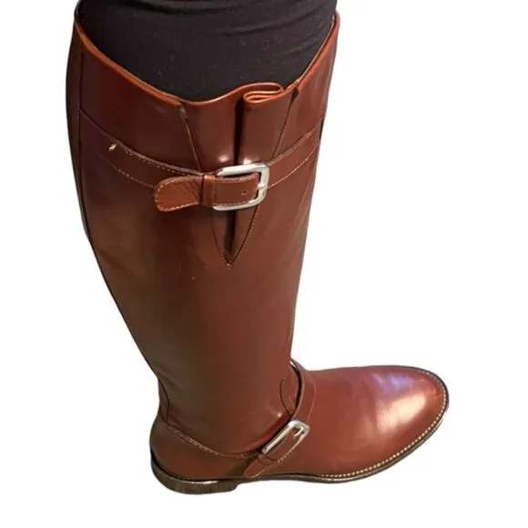COLE HAAN ALBA COGNAC BROWN LEATHER 18&quot; TALL FULL ZIP RIDING BOOTS SIZE 7.5
