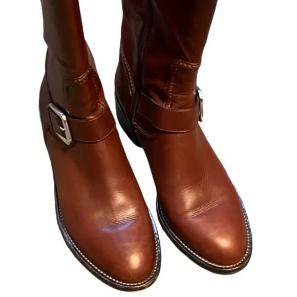 COLE HAAN ALBA COGNAC BROWN LEATHER 18&quot; TALL FULL ZIP RIDING BOOTS SIZE 7.5