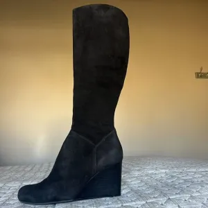Cole Haan Cora Black Suede Wedge Heel Tall Boots Side Zip D38352 Women’s 8.5 M