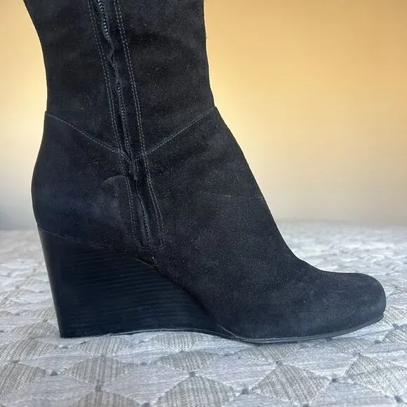 Cole Haan Cora Black Suede Wedge Heel Tall Boots Side Zip D38352 Women’s 8.5 M