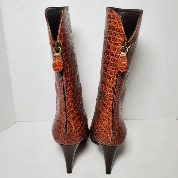 Cole Haan Nydia Cognac Crocodile Style Boots Heeled Zipper