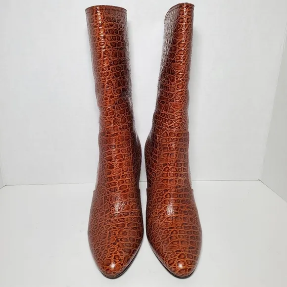 Cole Haan Nydia Cognac Crocodile Style Boots Heeled Zipper