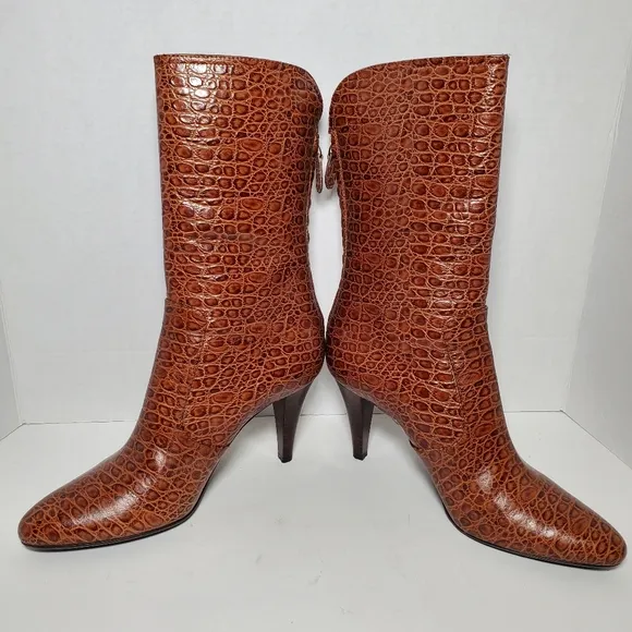 Cole Haan Nydia Cognac Crocodile Style Boots Heeled Zipper