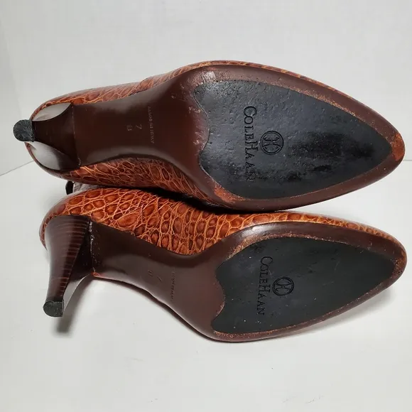 Cole Haan Nydia Cognac Crocodile Style Boots Heeled Zipper