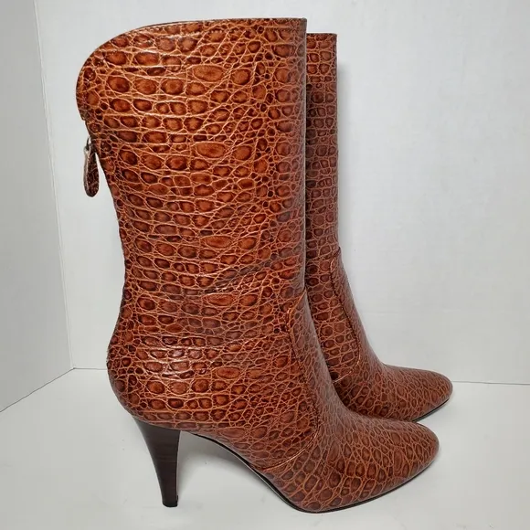 Cole Haan Nydia Cognac Crocodile Style Boots Heeled Zipper