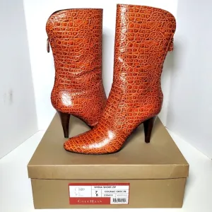 Cole Haan Nydia Cognac Crocodile Style Boots Heeled Zipper
