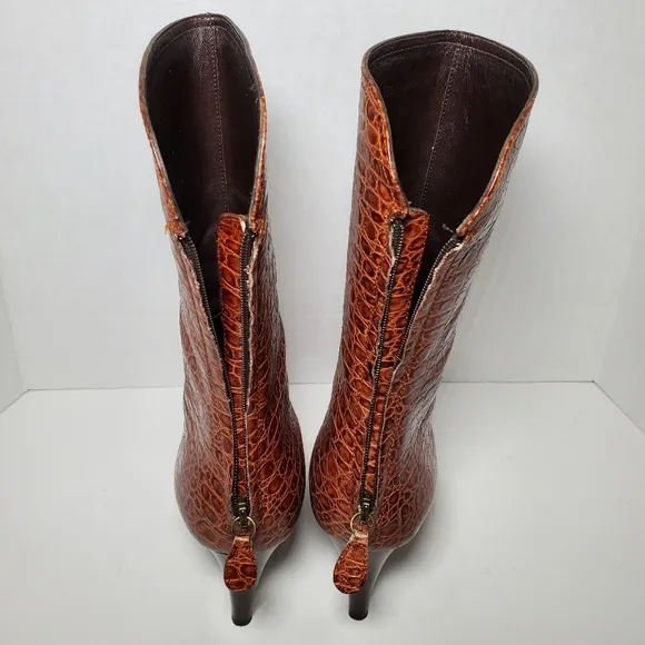 Cole Haan Nydia Cognac Crocodile Style Boots Heeled Zipper