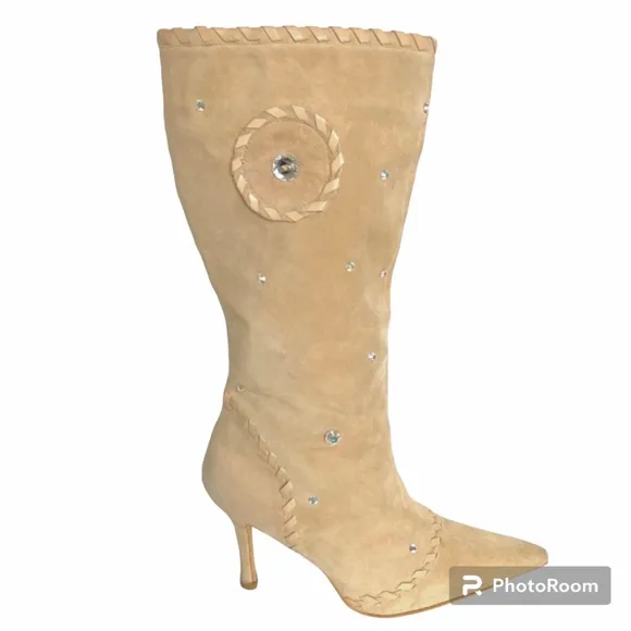 Colin Stuart Beige Suede Rhinestones Pointed Toe Tall Heeled Boots Womens