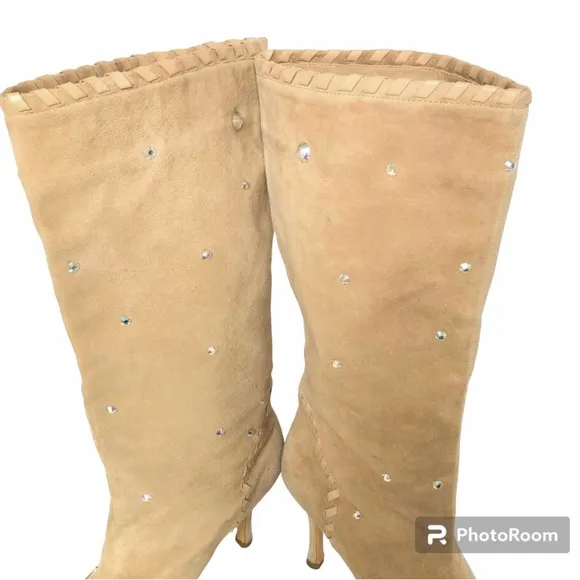 Colin Stuart Beige Suede Rhinestones Pointed Toe Tall Heeled Boots Womens
