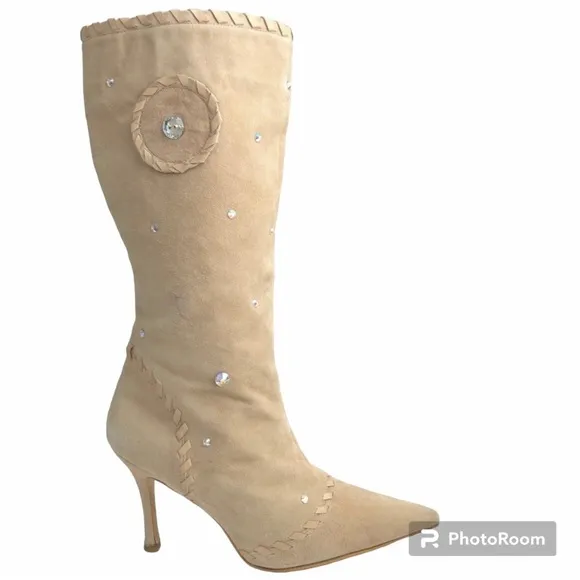 Colin Stuart Beige Suede Rhinestones Pointed Toe Tall Heeled Boots Womens