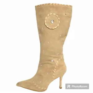 Colin Stuart Beige Suede Rhinestones Pointed Toe Tall Heeled Boots Womens