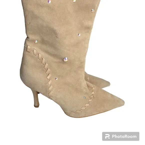 Colin Stuart Beige Suede Rhinestones Pointed Toe Tall Heeled Boots Womens