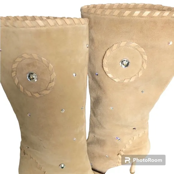 Colin Stuart Beige Suede Rhinestones Pointed Toe Tall Heeled Boots Womens