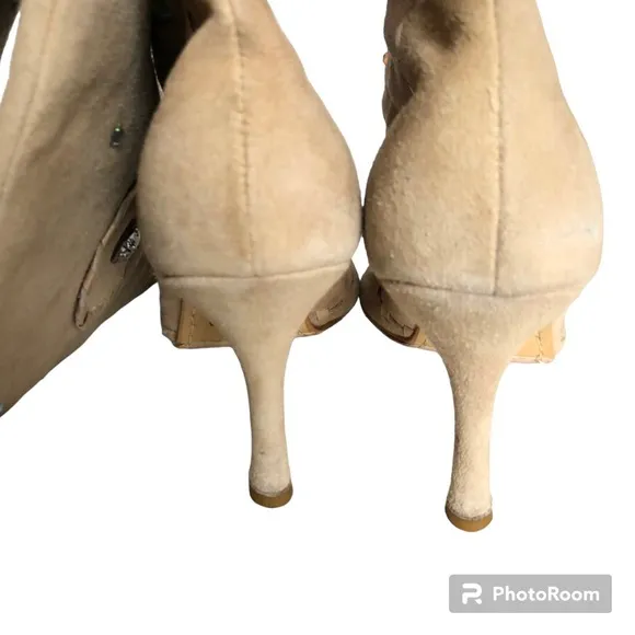 Colin Stuart Beige Suede Rhinestones Pointed Toe Tall Heeled Boots Womens