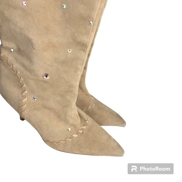 Colin Stuart Beige Suede Rhinestones Pointed Toe Tall Heeled Boots Womens