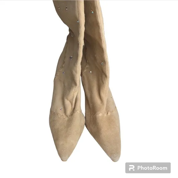 Colin Stuart Beige Suede Rhinestones Pointed Toe Tall Heeled Boots Womens