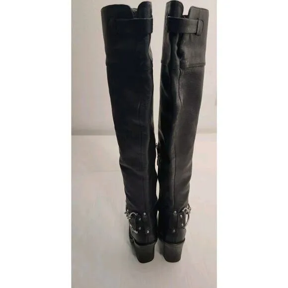 Colin Stuart Over The Knee Heel Boots 6B Leather Square Toe Silver Buckle Tall