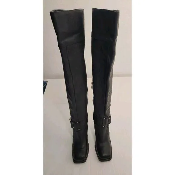 Colin Stuart Over The Knee Heel Boots 6B Leather Square Toe Silver Buckle Tall
