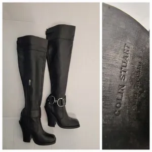 Colin Stuart Over The Knee Heel Boots 6B Leather Square Toe Silver Buckle Tall