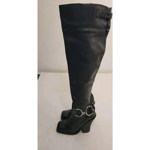 Colin Stuart Over The Knee Heel Boots 6B Leather Square Toe Silver Buckle Tall