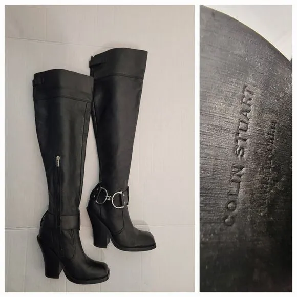 Colin Stuart Over The Knee Heel Boots 6B Leather Square Toe Silver Buckle Tall