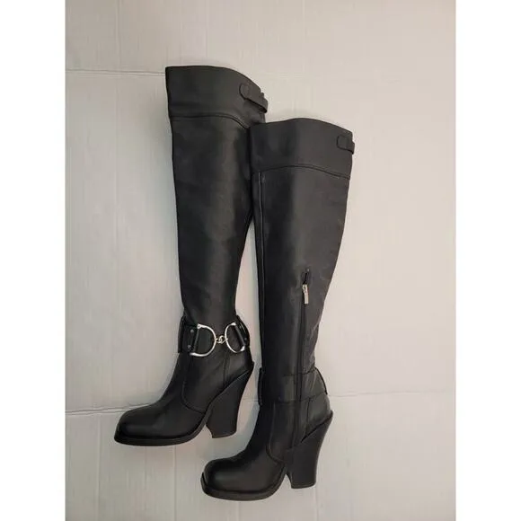 Colin Stuart Over The Knee Heel Boots 6B Leather Square Toe Silver Buckle Tall
