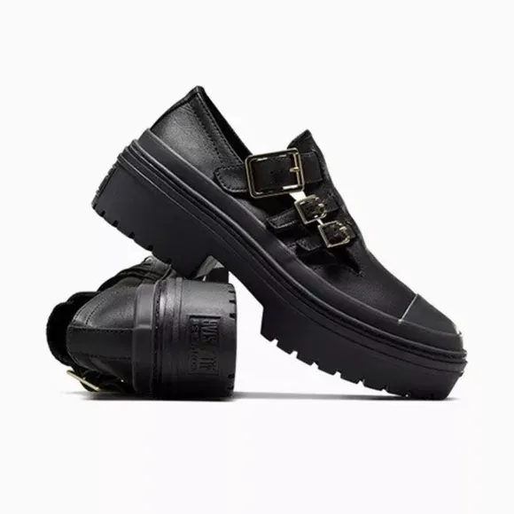 Converse Black Leather Platform Buckle Mary Jane Shoes