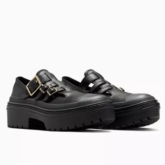 Converse Black Leather Platform Buckle Mary Jane Shoes