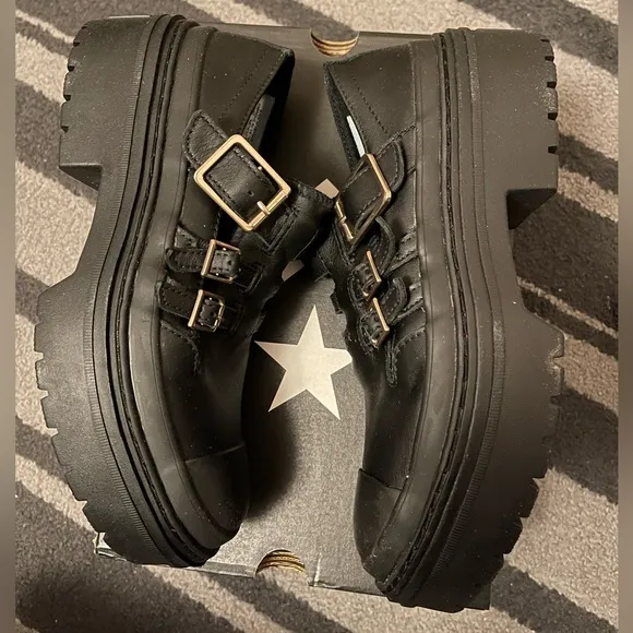 Converse Black Leather Platform Buckle Mary Jane Shoes