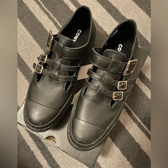 Converse Black Leather Platform Buckle Mary Jane Shoes