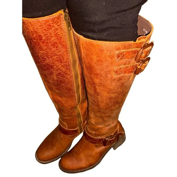 Coral Circle G Cognac Brown Belted Tall Riding Boots Women size 8.5 Boho