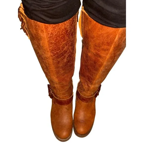 Coral Circle G Cognac Brown Belted Tall Riding Boots Women size 8.5 Boho