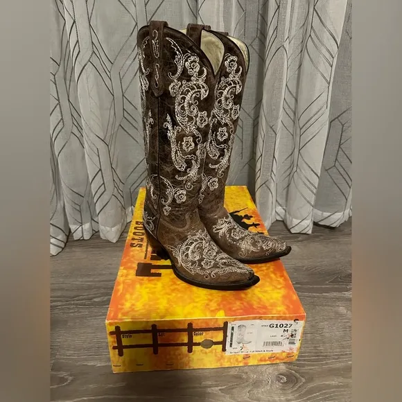Corral Brown White Floral Stitch Studs Style G1027 Size 7 Wedding Cowboy Boots