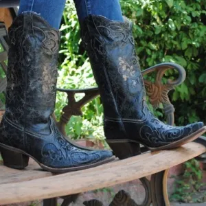 Corral C2108 Black Distressed Embroidered Lizard Inlay Snip Toe Cowboy Boots