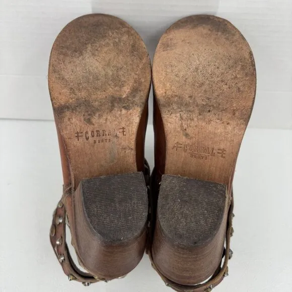 Corral Cowgirl Boots Size 7.5 Brown Distressed Leather Studded Straps Block Heel