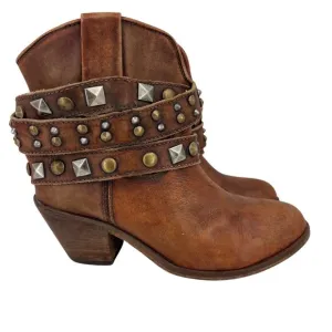 Corral Cowgirl Boots Size 7.5 Brown Distressed Leather Studded Straps Block Heel