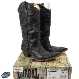 Corral LADIES BLACK VINTAGE LEATHER LIZARD INLAY SNIP TOE Western/Cowboy Boots