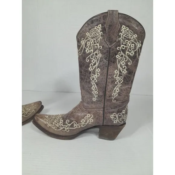 CORRAL Teens  Floral Leather Snip Toe Western Cowgirl Boots Youth Sz 5.5