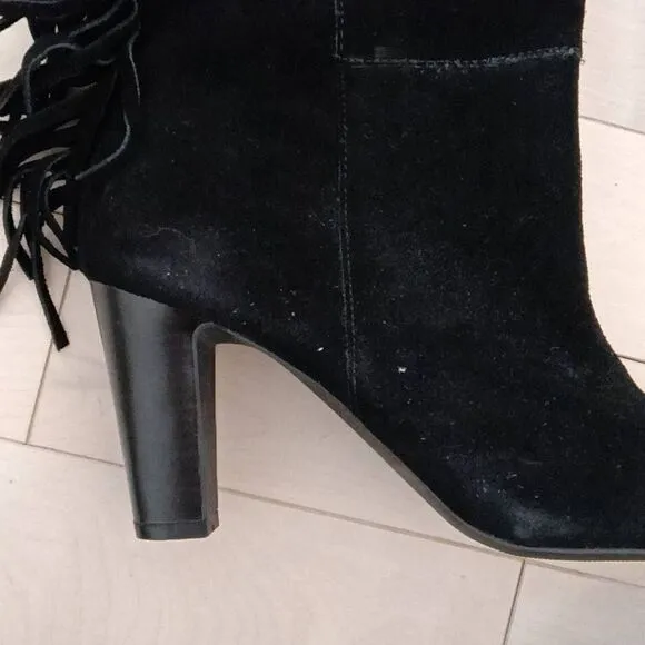 Cosmopolitan Women's Black Suede Wide Calf Fringe Stacked Heel Boots Size 8.5