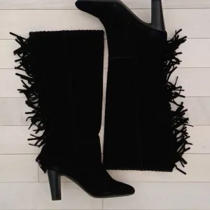 Cosmopolitan Women's Black Suede Wide Calf Fringe Stacked Heel Boots Size 8.5