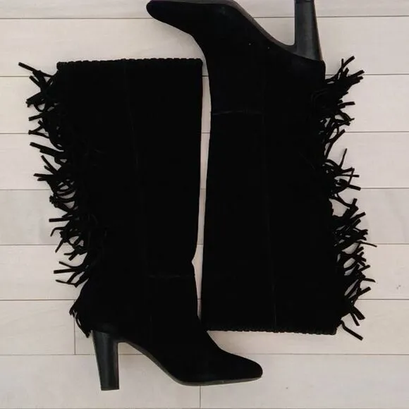 Cosmopolitan Women's Black Suede Wide Calf Fringe Stacked Heel Boots Size 8.5
