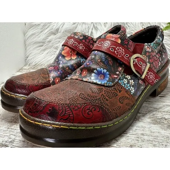 CRAZYCATZ Oxford Floral Leather Shoes Sz 41 US 10.5 Hand Made/Painted Patchwork