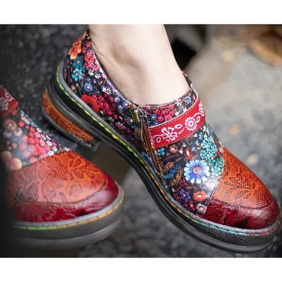CRAZYCATZ Oxford Floral Leather Shoes Sz 41 US 10.5 Hand Made/Painted Patchwork
