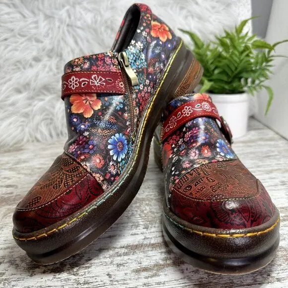 CRAZYCATZ Oxford Floral Leather Shoes Sz 41 US 10.5 Hand Made/Painted Patchwork