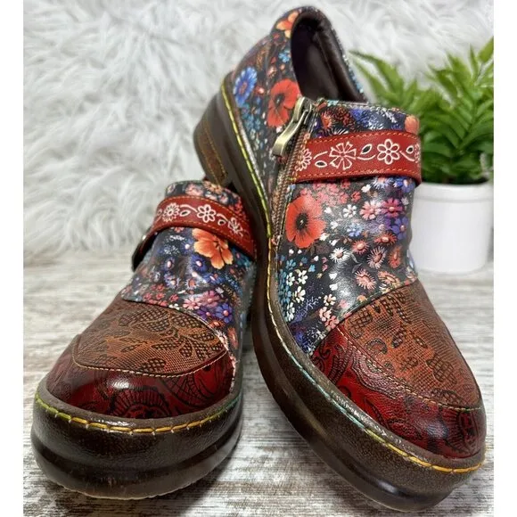 CRAZYCATZ Oxford Floral Leather Shoes Sz 41 US 10.5 Hand Made/Painted Patchwork