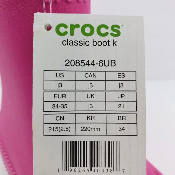 Crocs Classic Boot Girls Sz 3Y Pink Pull On Comfort Boots Shoes 208544-6UB
